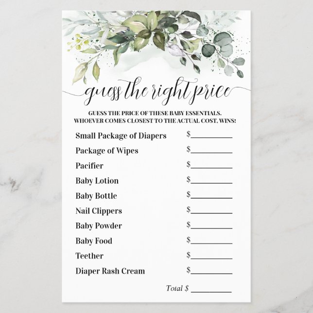 Guess the Right Price Greenery Baby Shower Game Flyer (Front)