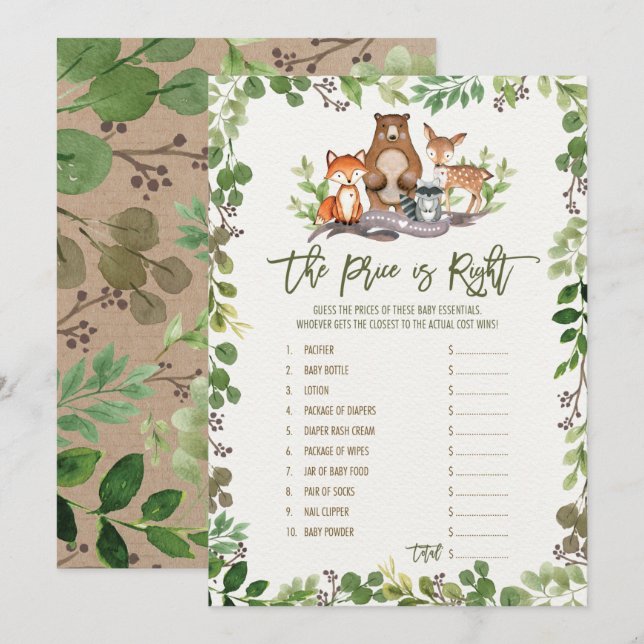 Guess the Right Price Woodland Baby Shower Game Invitation (Front/Back)