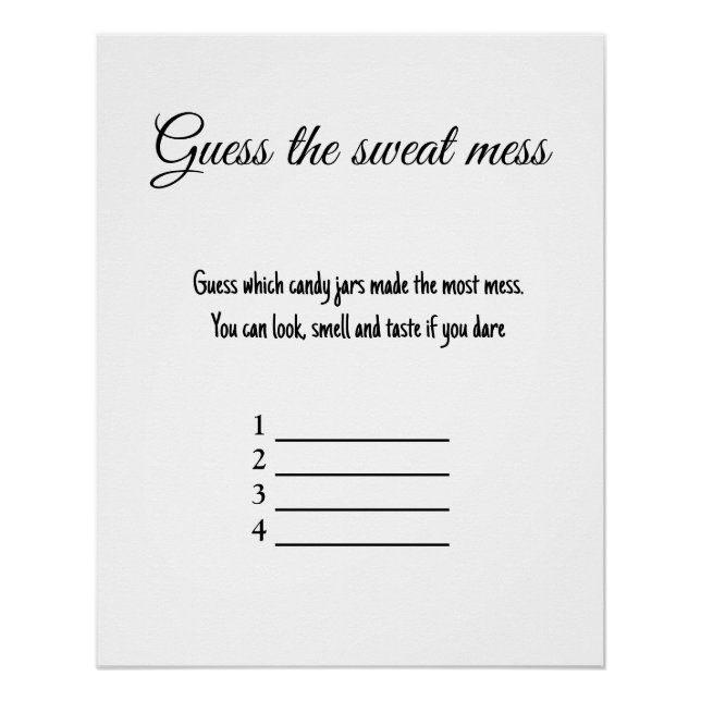 guess the sweat mess baby shower game poster (Front)