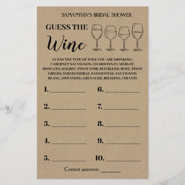 Guess the Wine Rustic Bridal Shower Game Card (Front)