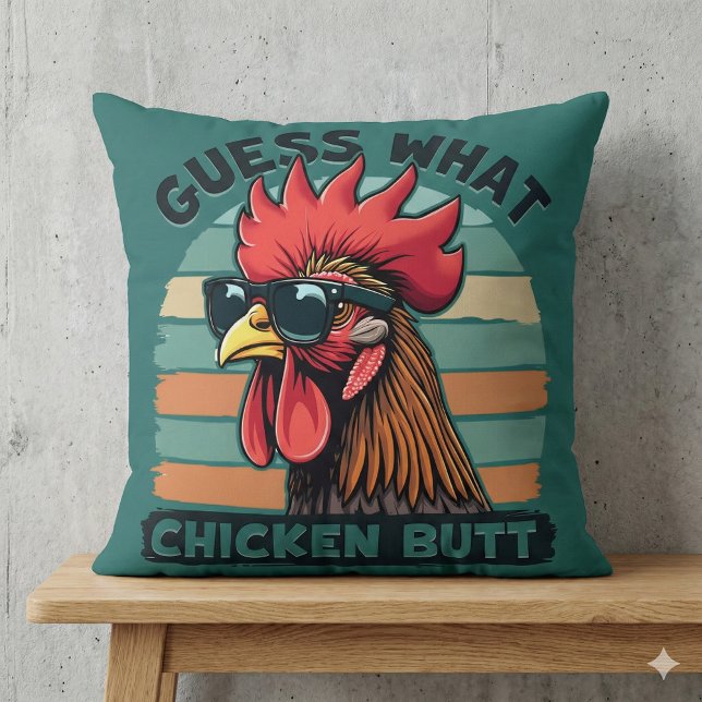 Guess What Chicken Butt Funny Retro Rooster Cushion (Guess What Chicken Butt Funny Retro Rooster Throw Pillow Mockup A)