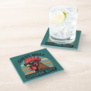 Guess What Chicken Butt Funny Retro Rooster Glass Coaster
