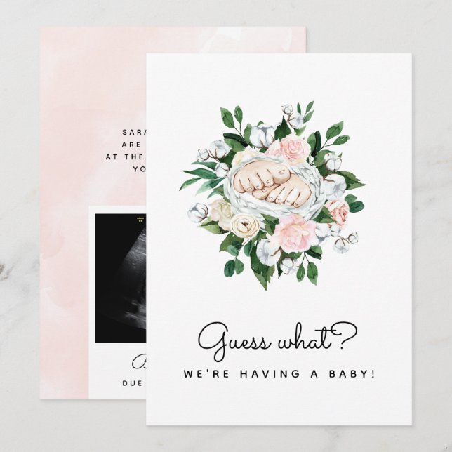 Guess What Pregnancy Reveal Ultrasound Girl Floral Announcement (Front/Back)