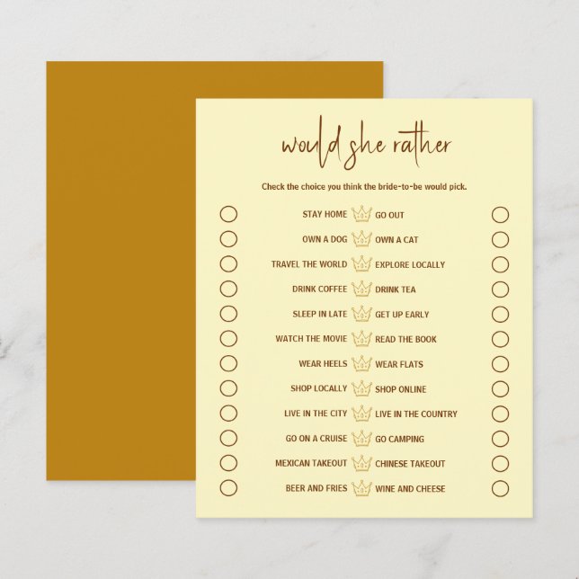 Guess What The Bride Would Pick Bridal Shower Game (Front/Back)