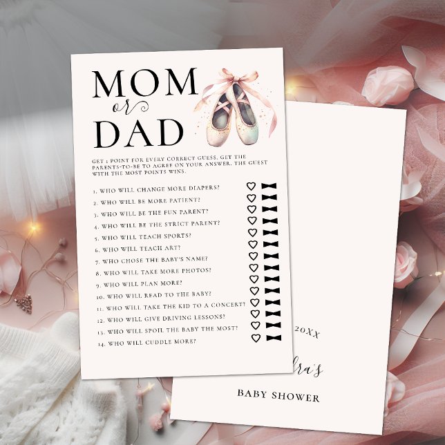 Guess Who Baby Shower Game Pink Ballerina Shoes Flyer (ballerina baby shower game guess who mom dad pink ballet shoes pointes watercolor elegant chic)