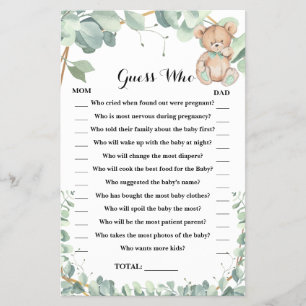 Guess Who Bear Greenery Baby Shower Game Card