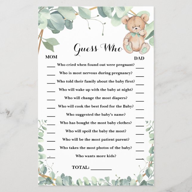 Guess Who Bear Greenery Baby Shower Game Card (Front)