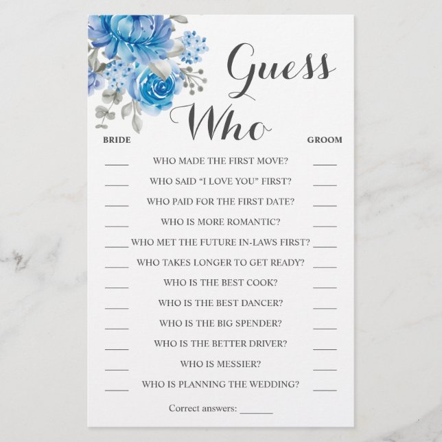Guess Who Blue Flower Shower Game Card (Front)