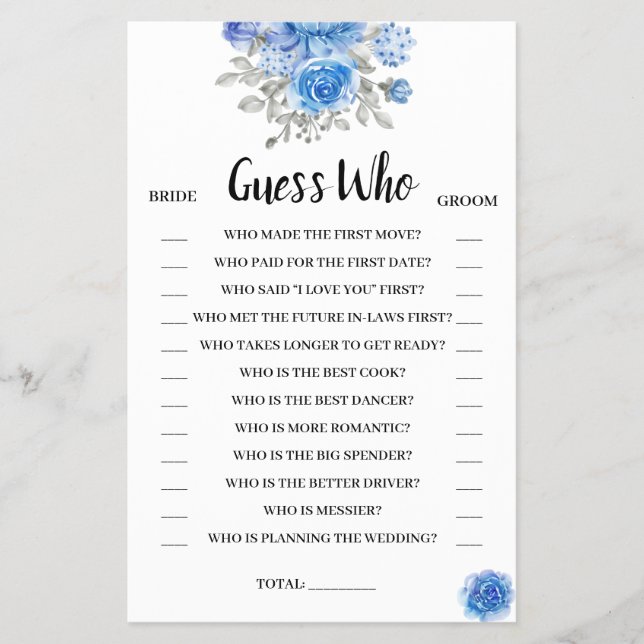 Guess Who Blue Flowers Bridal Shower Game Card (Front)