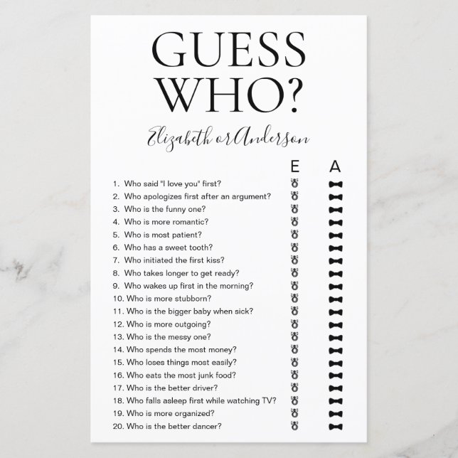 Guess Who Bridal Shower Game (Front)