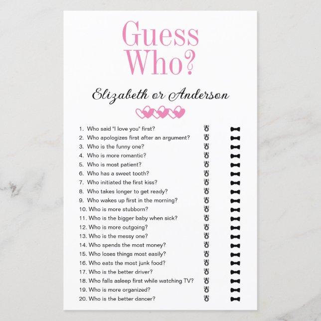 Guess Who  Bridal Shower Game (Front)