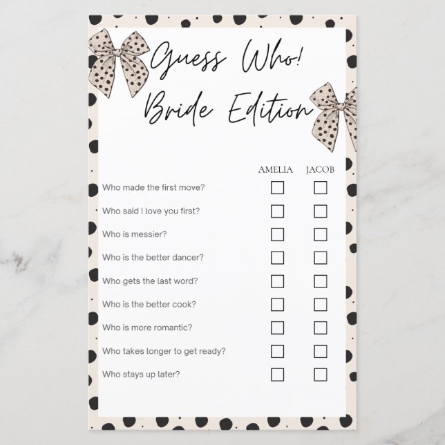 Guess who bride edition Beige bridal shower games (Front)