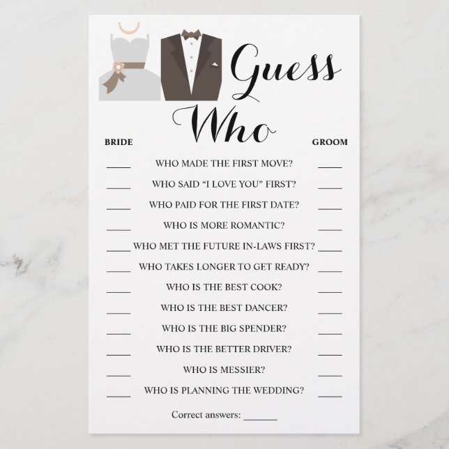 Guess Who Bride & Groom Shower Game Card (Front)
