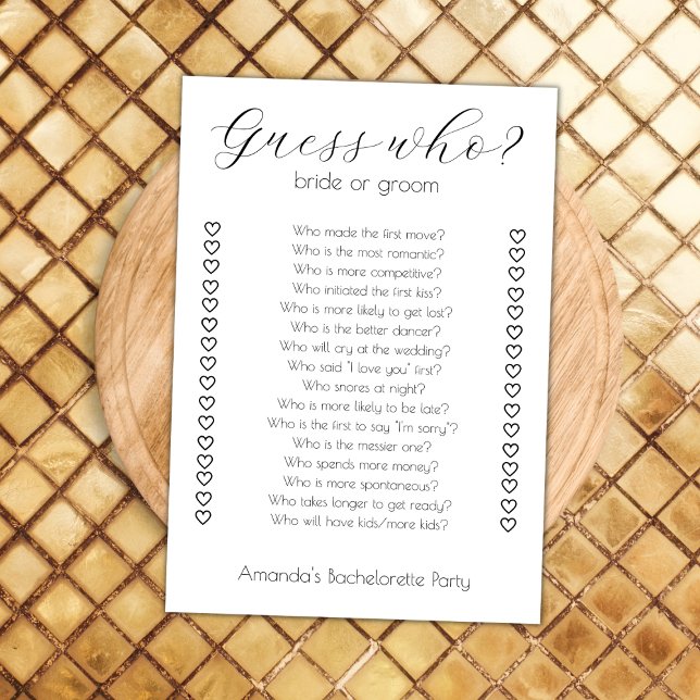 Guess Who Bride Or Groom Bachelorette Party Game Card (guess who bride or groom bachelorette party game she said he said bridal shower)