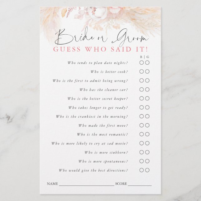 Guess Who Bride or Groom - Game Card (Front)