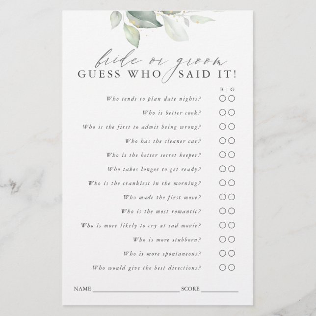 Guess Who Bride or Groom - Greenery Game Card (Front)