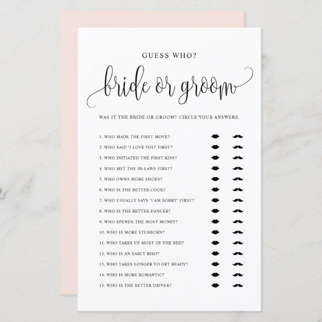 Guess Who Bride or Groom He Said She Said Game (Front/Back)