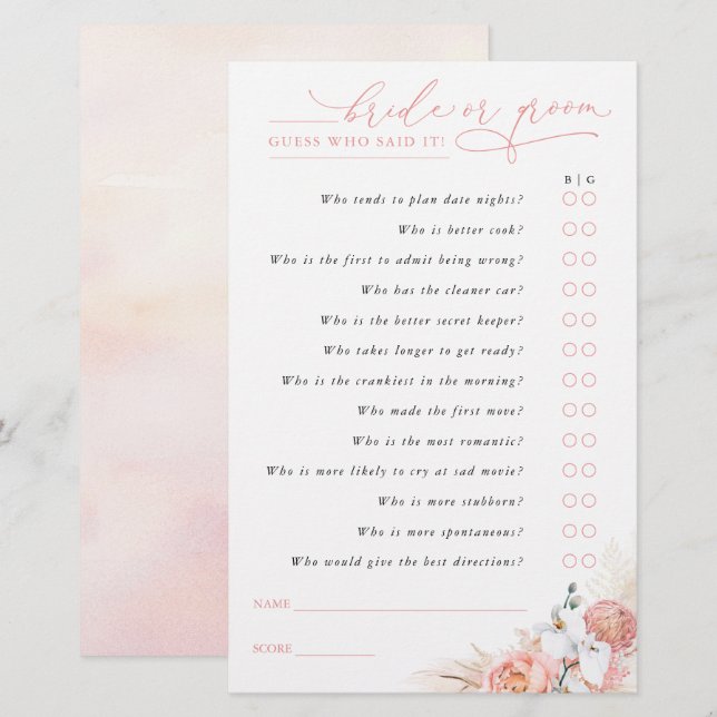 Guess Who Bride or Groom - Pampas Grass Game Card (Front/Back)