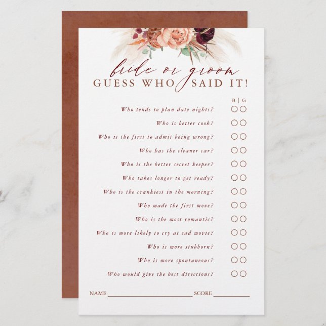 Guess Who Bride or Groom - Pampas Grass Game Card (Front/Back)