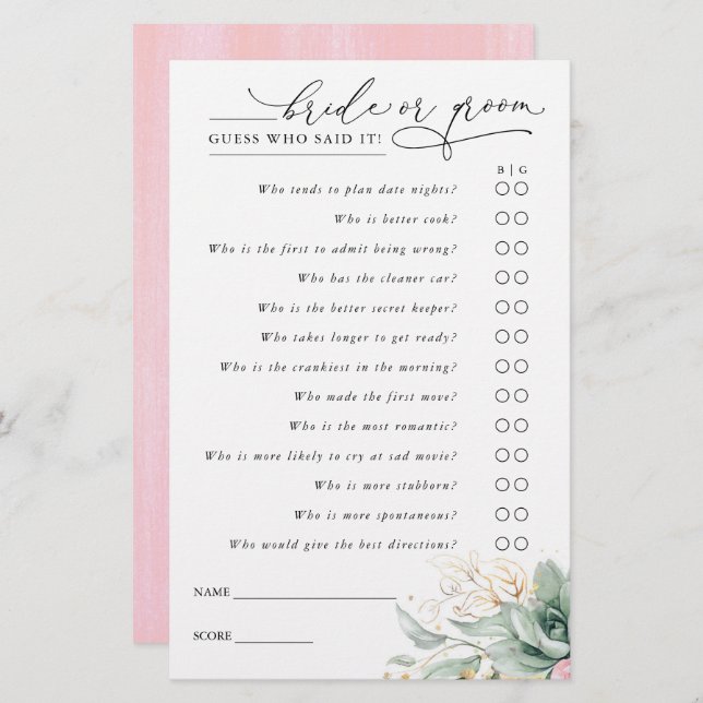 Guess Who Bride or Groom - Succulents Game Card (Front/Back)