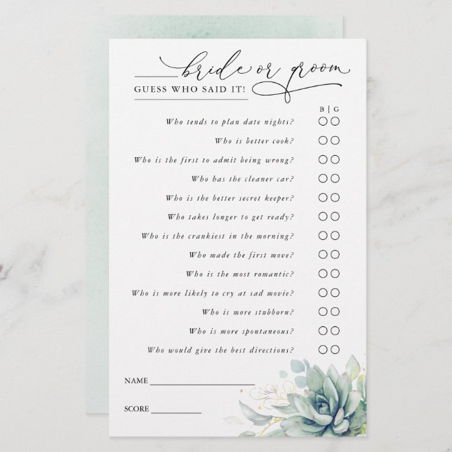Guess Who Bride or Groom - Succulents Game Card (Front/Back)