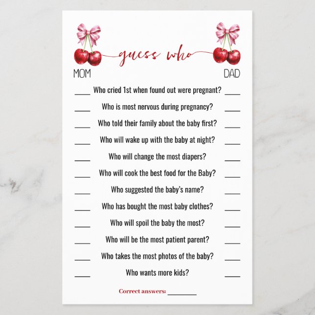 Guess Who Cherry Coquette Baby Shower Game Card (Front)