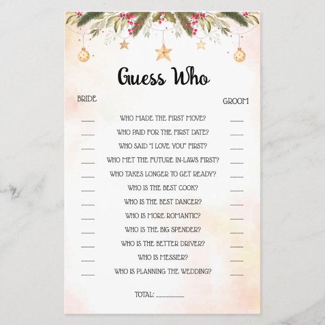 Guess Who Christmas Bridal Shower Game Card Flyer (Front)