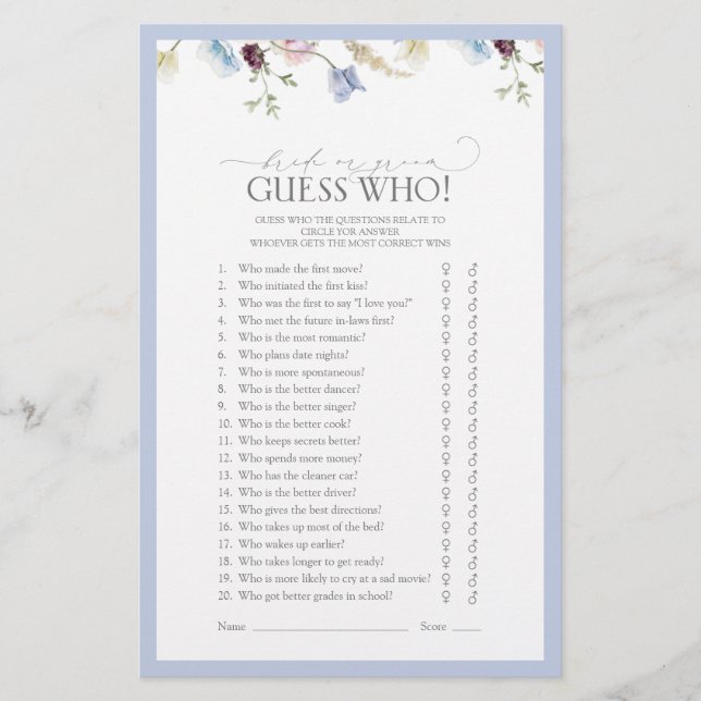 Guess Who Dusty Blue Wildflower Bridal Shower Game (Front)