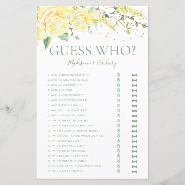 Guess Who Elegant Yellow Roses Bridal Shower Game (Front)