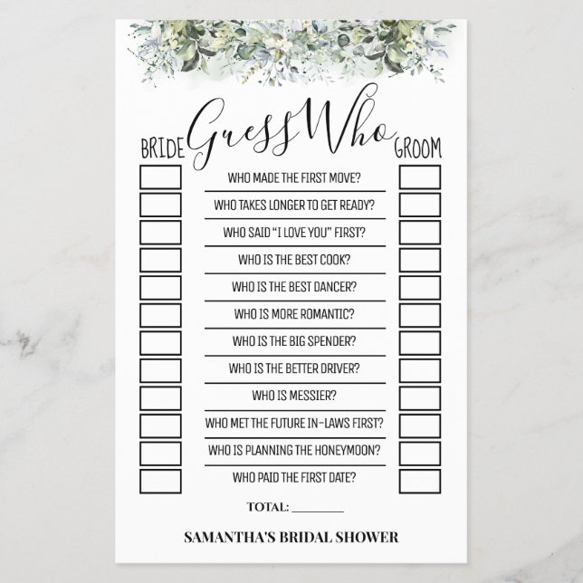 Guess Who Eucalyptus Bridal Shower Game Card (Front)