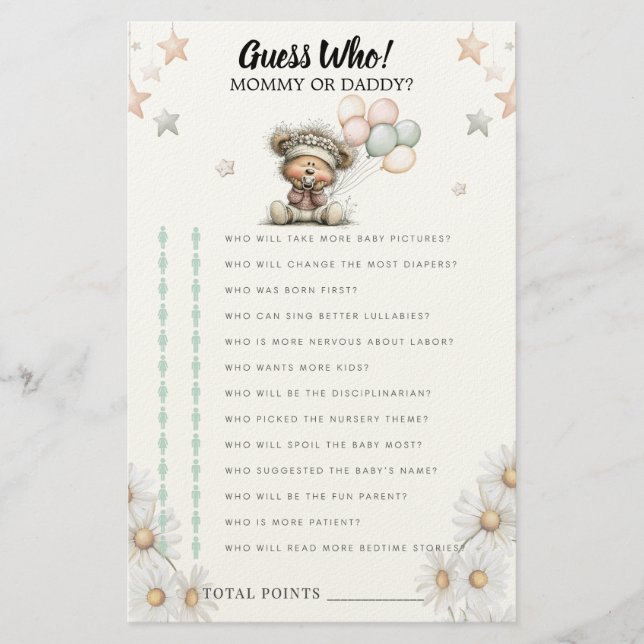 Guess who game Whimsical Teddy Bear Baby Shower  Stationery (Front)
