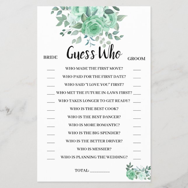 Guess Who Green Roses Bridal Shower Game Card (Front)