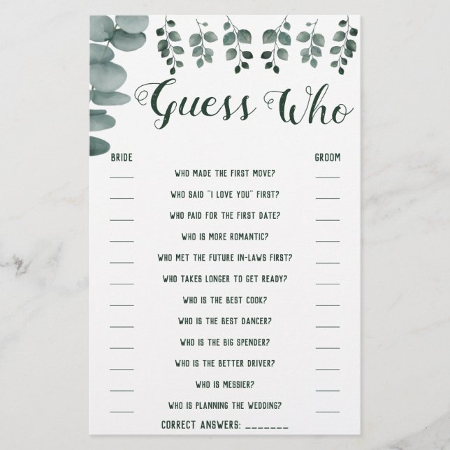 Guess Who Greenery Eucalyptus Shower Game Card (Front)
