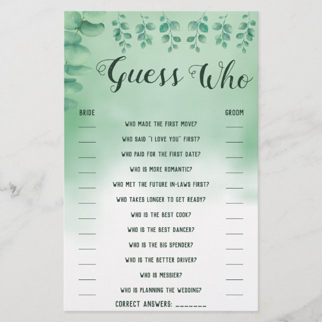 Guess Who Greenery Eucalyptus Shower Game Card (Front)