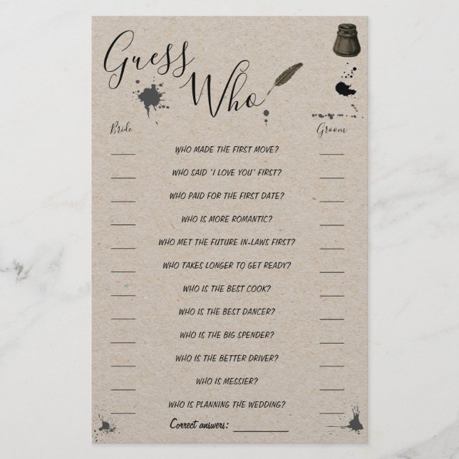 Guess Who Greenery Pen & Inkwell Shower Game Card (Front)