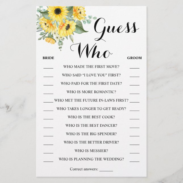 Guess Who Greenery Sunflowers Shower Game Card (Front)