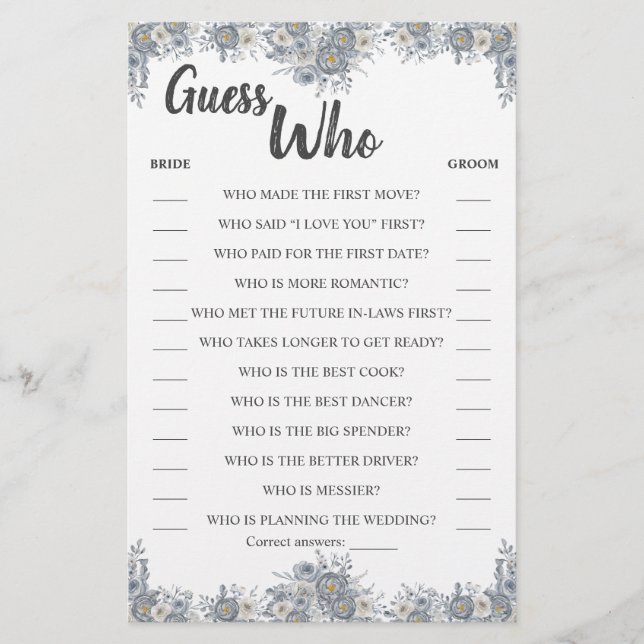 Guess Who Grey Floral Shower Game Card (Front)