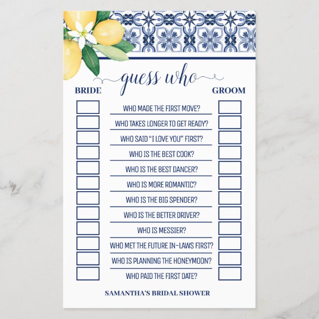 Guess Who Lemons Mediterranean Shower Game Card (Front)