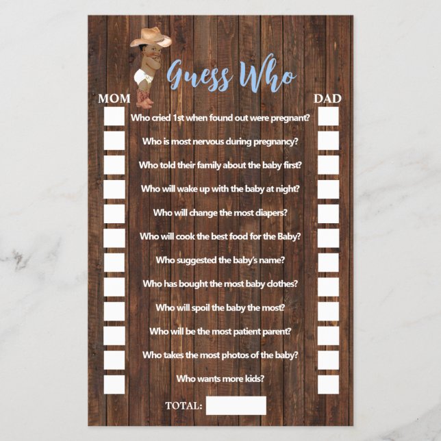 Guess Who Little AA Cowboy Baby Shower Game Card (Front)