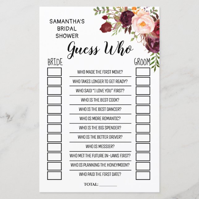 Guess Who Marsala Flowers Bridal Shower Game (Front)