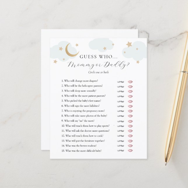 Guess Who Mommy or Daddy Baby Shower game card (Front/Back In Situ)