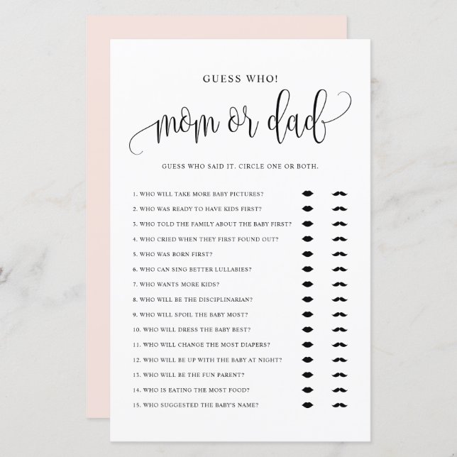 Guess Who Mum or Dad Black Script Baby Shower Game (Front/Back)