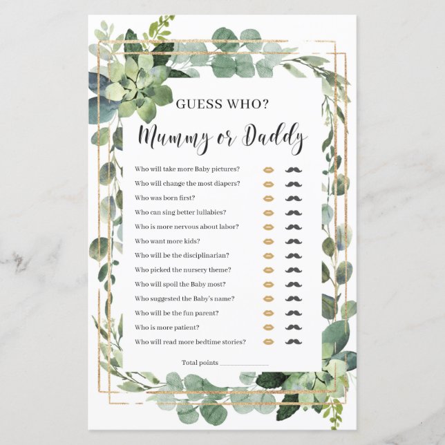 Guess who mummy or daddy baby shower game (Front)