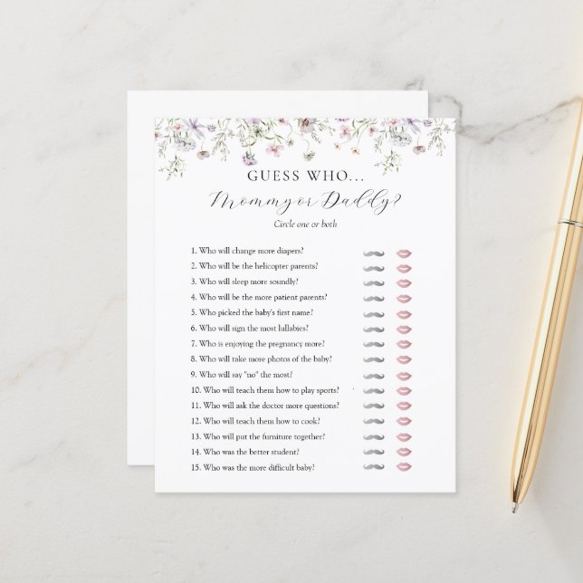 Guess Who Mummy or Daddy Baby Shower game card (Front/Back In Situ)