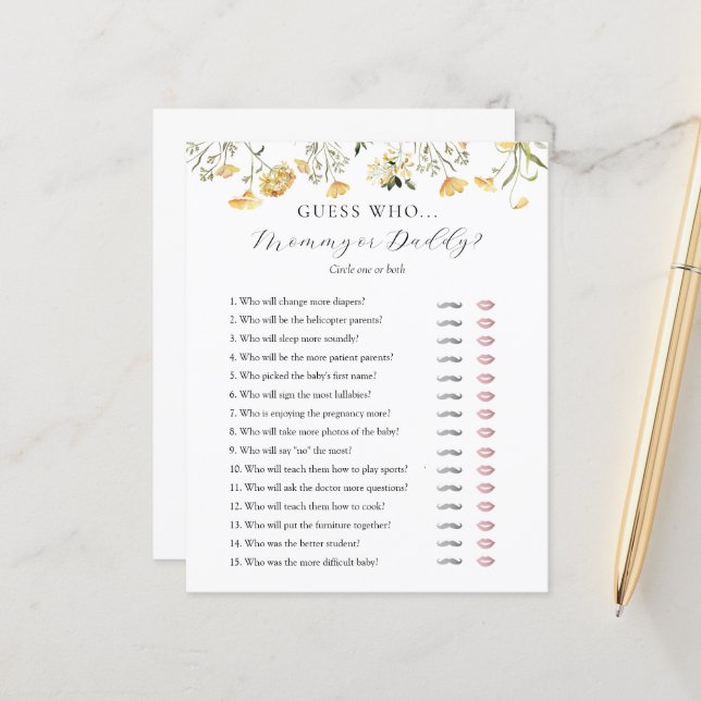 Guess Who Mummy or Daddy Baby Shower game card (Front/Back In Situ)