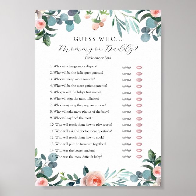 Guess Who Mummy or Daddy Baby Shower game card Poster (Front)