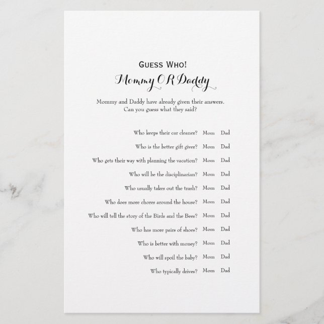 Guess Who Mummy or Daddy Baby Shower Game Flyer (Front)