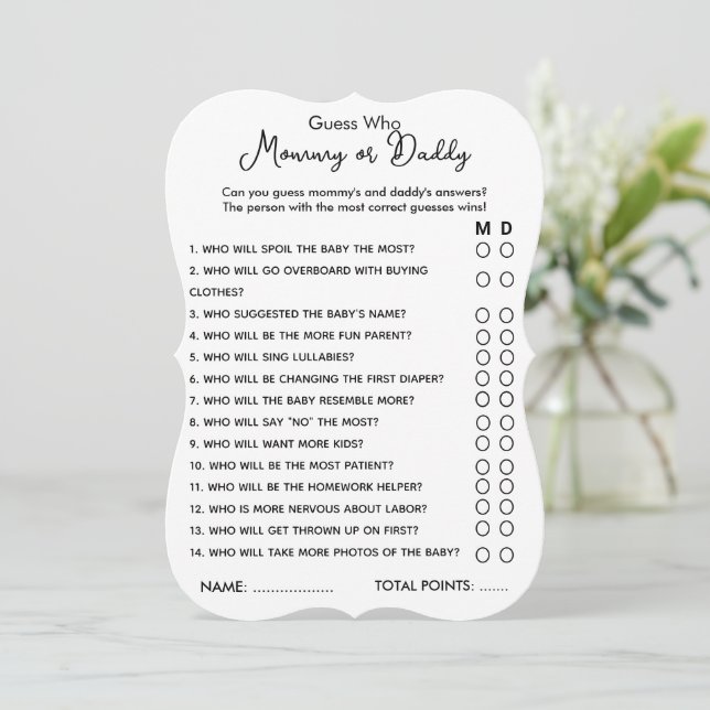 Guess Who Mummy or Daddy Game Baby Shower Card (Standing Front)