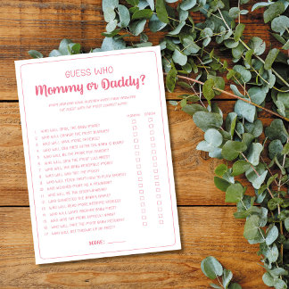 Guess Who Mummy or Daddy Game Girl Baby Shower Advice Card