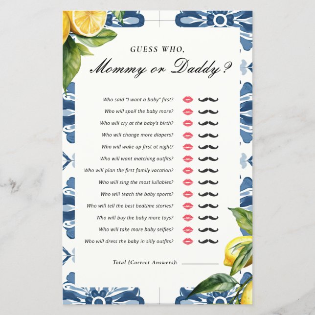 Guess Who Mummy or Daddy Positano Baby Shower Game (Front)
